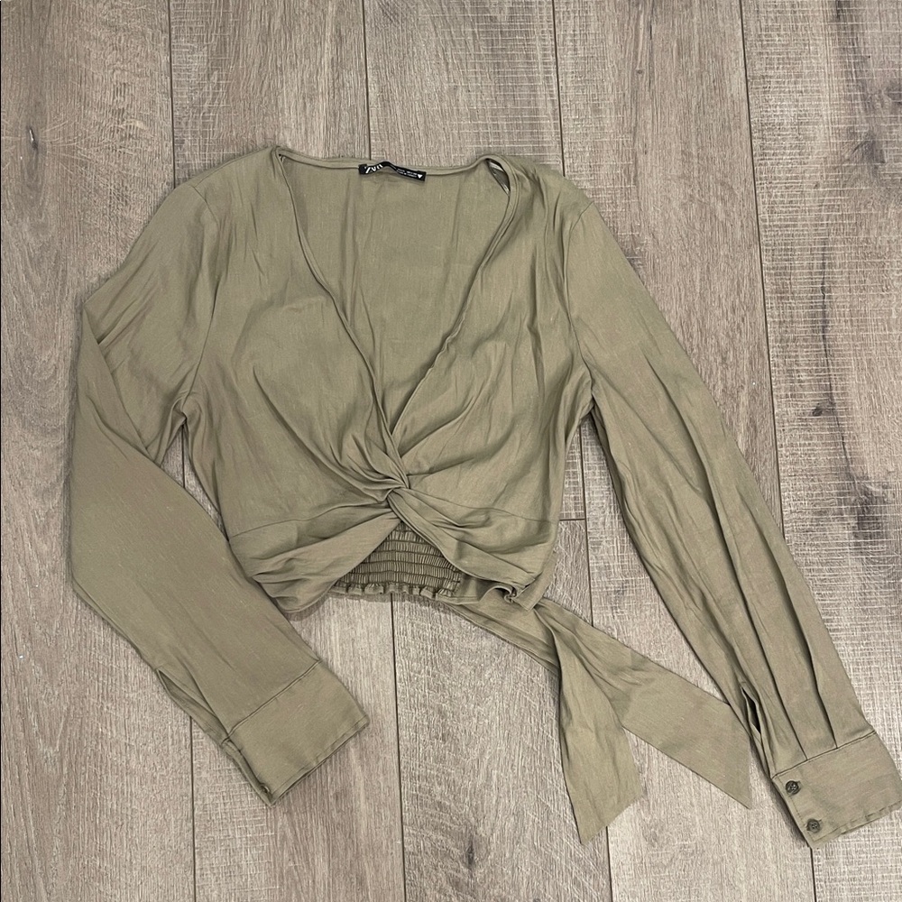 ZARA Long Sleeve Olive Tone Tie Back Crop Top Size Large